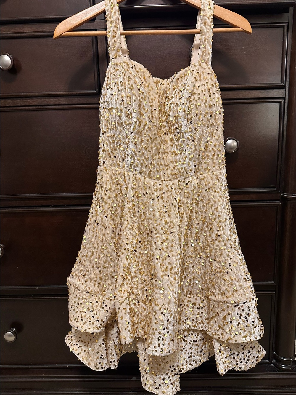 Ivory High-Low Party Dress with Gold Sequin Accents